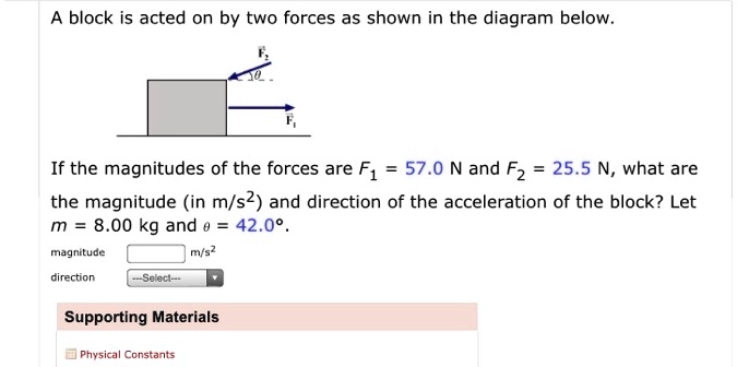 block is acted on by two forces as shown in the diagram below if the ...
