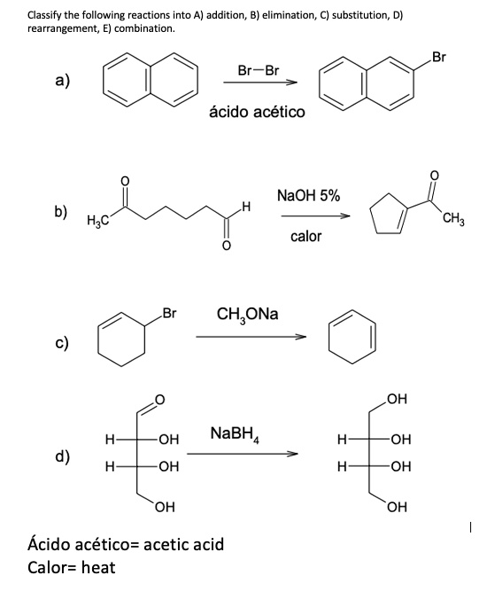 SOLVED: Classify the following reactions into addition, B) elimination ...