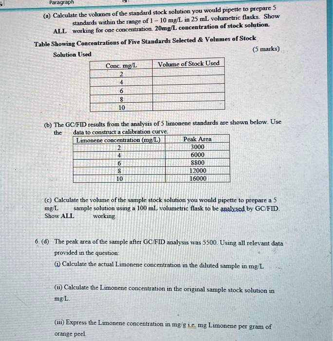 SOLVED a. Calculate the volumes of the standard stock solution you