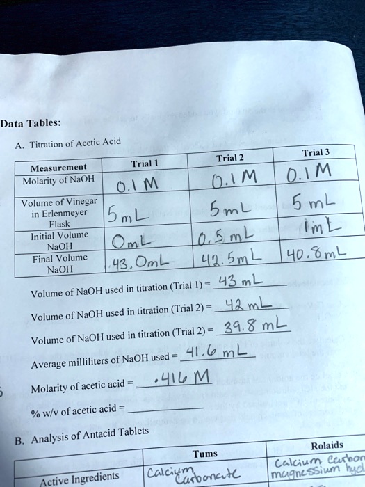 SOLVED Data Tables Titration of Acetic Acid Trial 2 Trial 3
