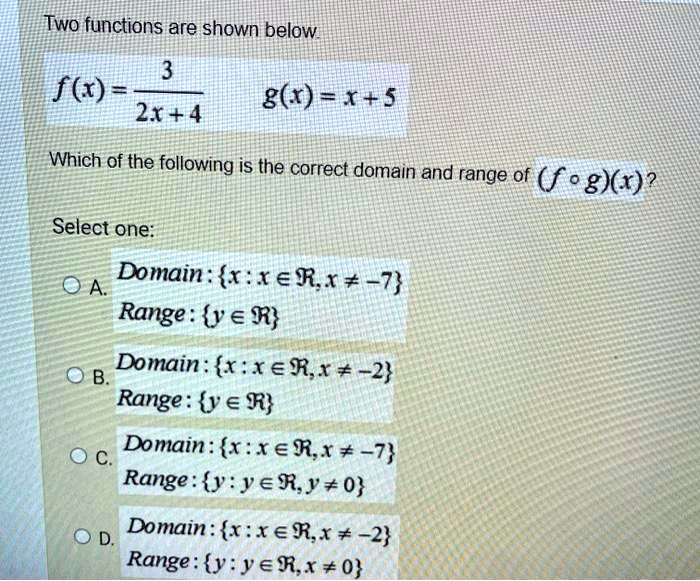 Solved Two Functions Are Shown Below 3 F G R 5 2x 4 Which Of The Following Is The Correct Domain And Range Of F O G X Select One A Domain Xerx 7 Range