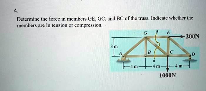Determine the force in members GE, GC, and BC of the truss. Indicate whether the members are in tension or compression.