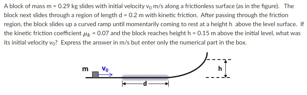 A block of mass m = 0.29 kg slides with initial velocity v0 m/s along a frictionless surface (as in the figure). The block next slides through a region of length d = 0.2 m with kinetic friction. After passing through the friction region, the block slides up a curved ramp until momentarily coming to rest at a height h above the level surface. If the kinetic friction coefficient ?k = 0.07 and the block reaches height h = 0.15 m above the initial level, what was its initial velocity v0? Express the answer in m/s but enter only the numerical part in the box.