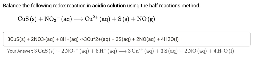 Balance the following redox reaction in acidic solution using the half ...