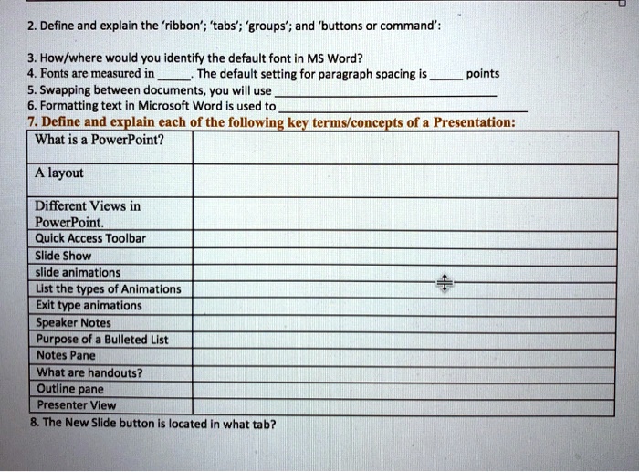 2. Define and explain the 'ribbon', 'tabs', 'groups', and 'buttons' or