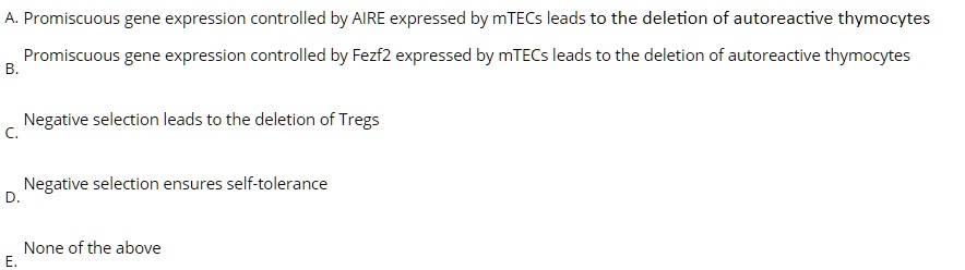 A. Promiscuous gene expression controlled by AIRE expressed by mTECs leads to the deletion of autoreactive thymocytes
B. Promiscuous gene expression controlled by Fezf2 expressed by mTECs leads to the deletion of autoreactive thymocytes
C. Negative selection leads to the deletion of Tregs
D. Negative selection ensures self-tolerance
E. None of the above