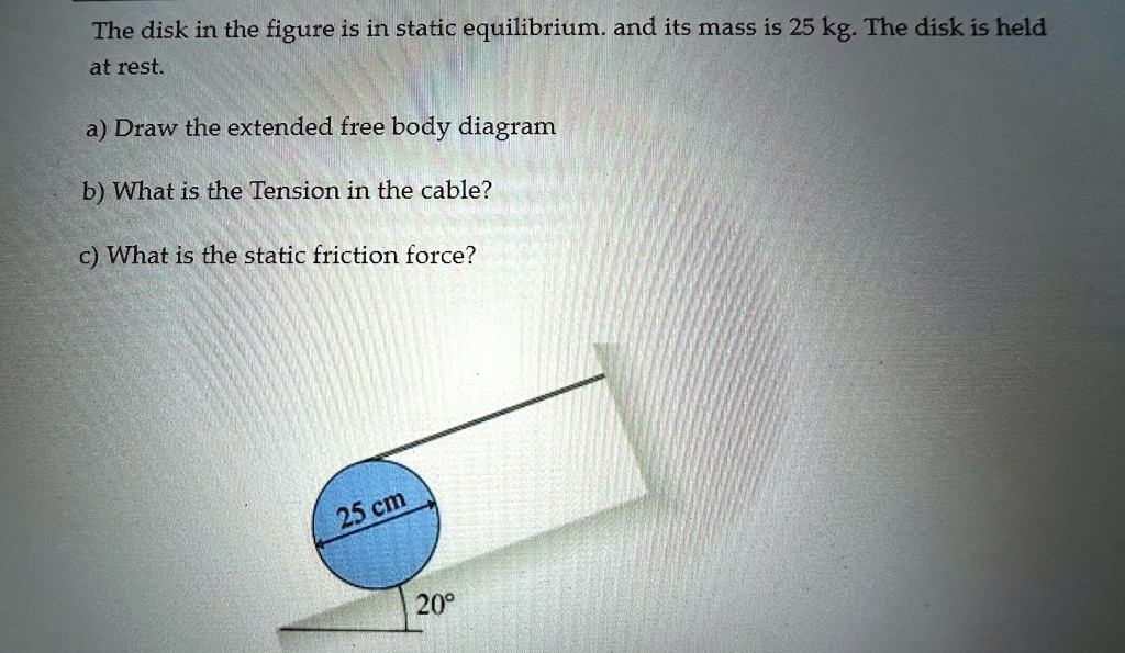 The disk in the figure is in static equilibrium. and its mass is 25 kg. The disk is held at rest.
a) Draw the extended free body diagram
b) What is the Tension in the cable?
c) What is the static friction force?