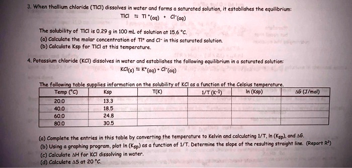 Solved When Thallium Chloride Tici Dissolves Water And Forms Saturoted Solution Establishes The Equilibriun Aq Cl Aq The Solubility Of Ticl 0 29 5 100 Ml Of Solution 15 6 Calculate The Molar Concentration Of Ti