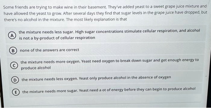 Some friends are trying to make wine in their basement. They've added yeast to a sweet grape juice mixture and have allowed the yeast to grow. After several days they find that sugar levels in the grape juice have dropped, but there's no alcohol in the mixture. The most likely explanation is that

A the mixture needs less sugar. High sugar concentrations stimulate cellular respiration, and alcohol is not a by-product of cellular respiration
B none of the answers are correct
C the mixture needs more oxygen. Yeast need oxygen to break down sugar and get enough energy to produce alcohol
D the mixture needs less oxygen. Yeast only produce alcohol in the absence of oxygen
E the mixture needs more sugar. Yeast need a ot of energy before they can begin to produce alcohol