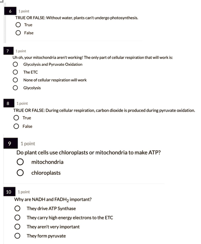 SOLVED point TRUE OR FALSE Without water; plants can't undergo photosynthesis True False