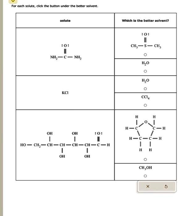 SOLVED: Texts: For each solute, click the button under the better ...