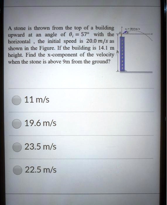 A stone is thrown from the top of a building upward an angle...