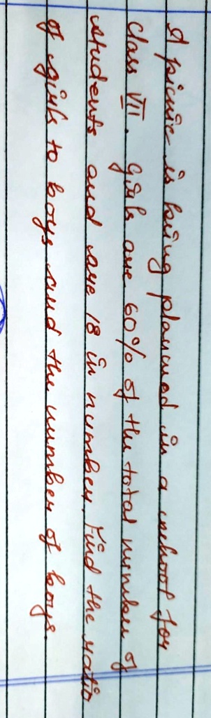 A picnic is being planned in a school for Class VII. Girls are 60% of the total number of students and are 18 in number. Find the ratio of girls to boys and the number of boys.