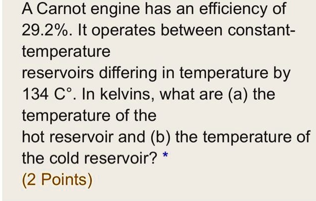 SOLVED: A Carnot engine has an efficiency of 29.2%. It operates between ...