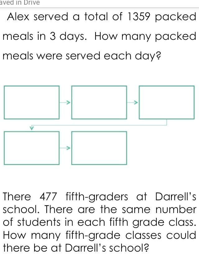 Alex served a total of 1359 packed meals in 3 days. How many packed meals were served each day?
There 477 fifth-graders at Darrell's school. There are the same number of students in each fifth grade class. How many fifth-grade classes could there be at Darrell's school?