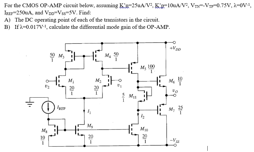For the CMOS OP-AMP circuit below, assuming K'n=25uA/V^2, Kp=10uA/V^2 ...