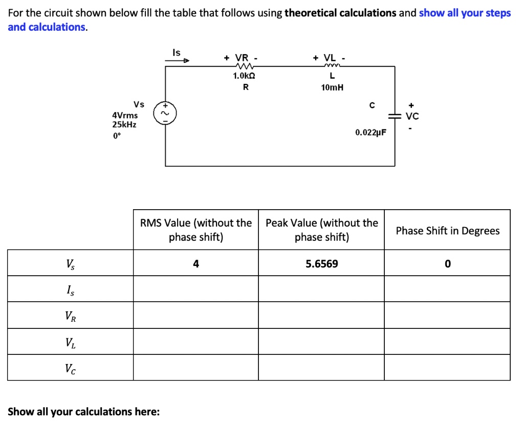 SOLVED: For the circuit shown below, fill the table that follows using ...