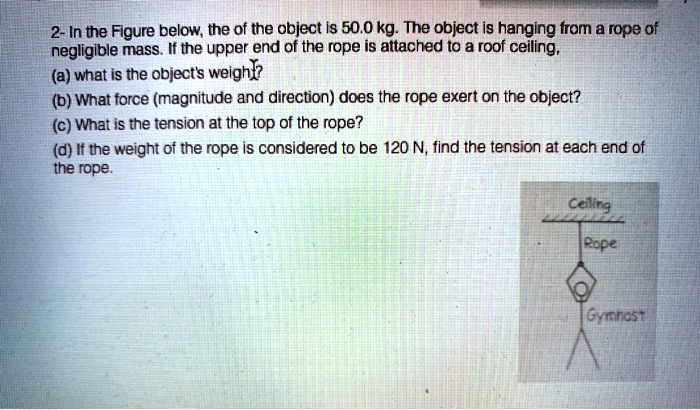 2- In the Figure below, the of the object is 50.0 kg. The object is hanging from a rope of negligible mass. If the upper end of the rope is attached to a roof ceiling,
(a) what is the object's weight?
(b) What force (magnitude and direction) does the rope exert on the object?
(c) What is the tension at the top of the rope?
(d) If the weight of the rope is considered to be 120 N, find the tension at each end of the rope.