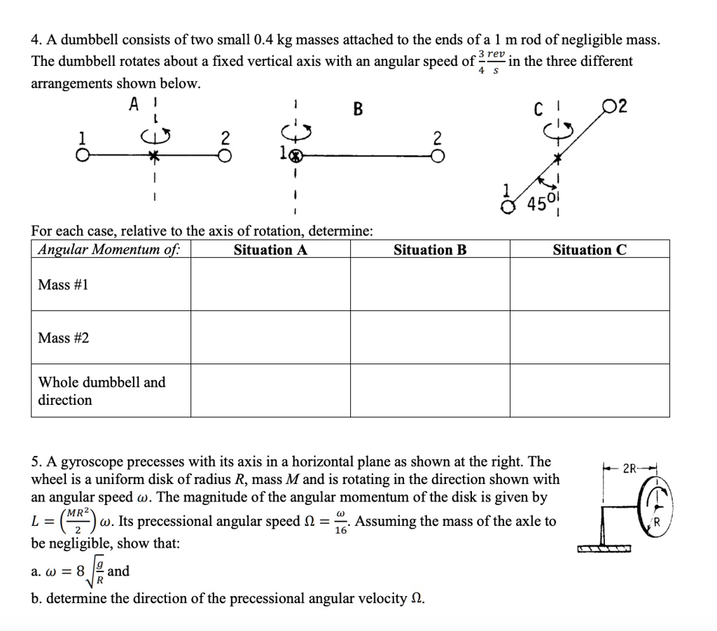 SOLVED: 4. A dumbbell consists of two small 0.4 kg masses attached to ...