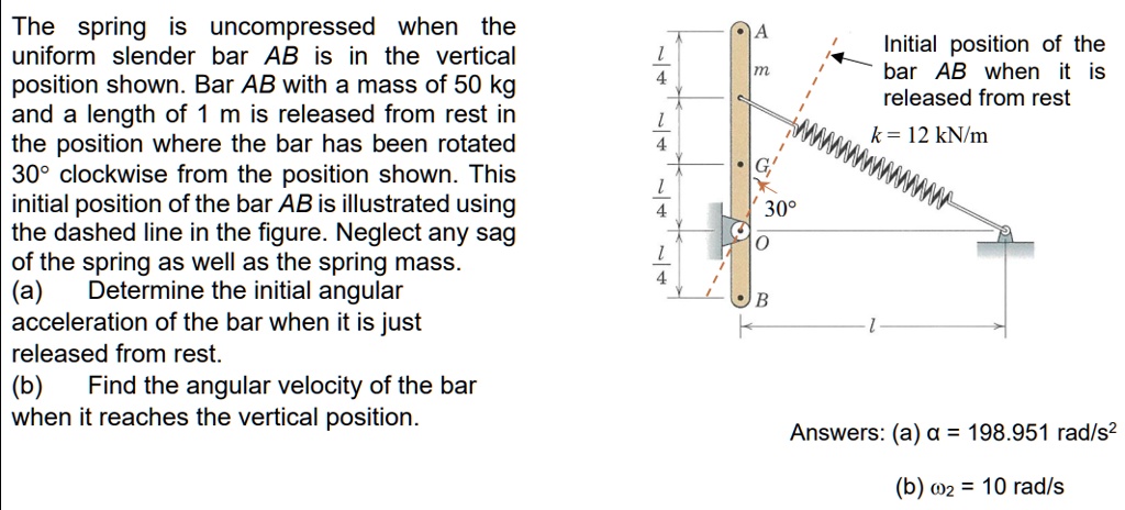The spring is uncompressed when the
uniform slender bar AB is in the vertical
position shown. Bar AB with a mass of 50 kg
and a length of 1 m is released from rest in
the position where the bar has been rotated
30  clockwise from the position shown. This
initial position of the bar AB is illustrated using
the dashed line in the figure. Neglect any sag
of the spring as well as the spring mass.
(a) Determine the initial angular
acceleration of the bar when it is just
released from rest.
(b) Find the angular velocity of the bar
when it reaches the vertical position.
Answers: (a) ? = 198.951 rad/s²
(b) ?? = 10 rad/s
