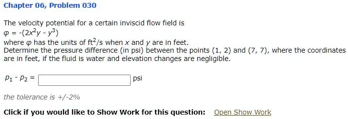 SOLVED: The velocity potential for a certain inviscid flow field is ...