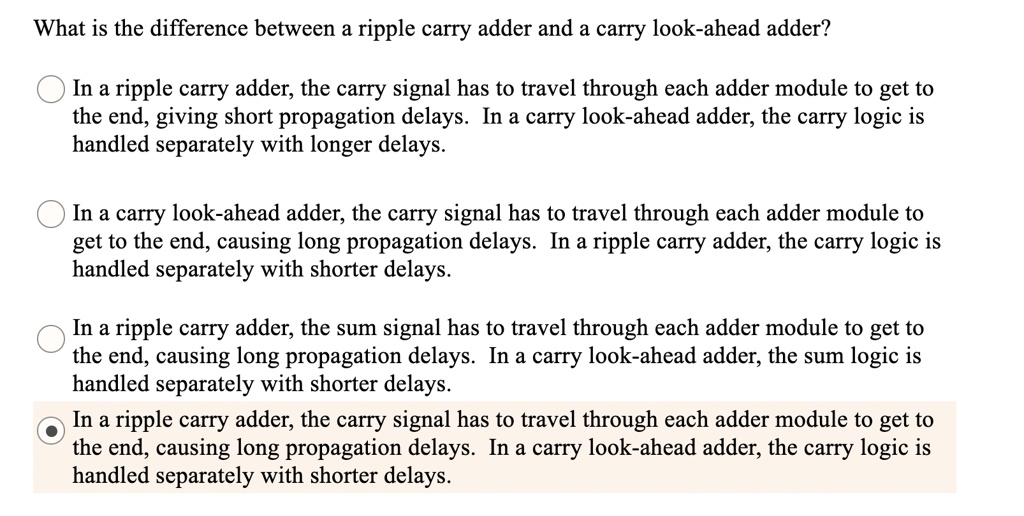 SOLVED: What is the difference between a ripple carry adder and a carry ...