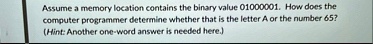 assume a memory location contains the binary value 01000001 how does the computer programmer determine whether that is the letter a or the number 65 hint another one word answer is needed he 08082