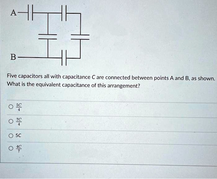 Five capacitors all with capacitance C are connected between points A ...