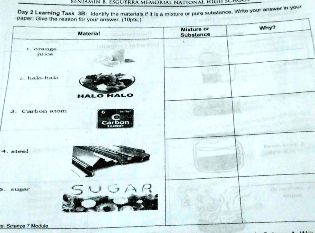 Day 2 Learning Task 3B: Identify the materials if it is a mixture or pure substance. Write your answer in your paper. Give the reason for your answer. (10pts.)

Material | Mixture or Substance | Why?
1. orange juice | | 
2. halo-halo | | 
3. Carbon atom | | 
4. steel | | 
5. sugar | | 