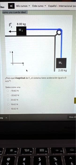como una cuerda ideal.
8.00 kg
M2
y
x
M1
2.00 kg
¿Para qué magnitud de Fx el sistema tiene aceleración igual a 0 m/s²?
Seleccione una:
-19.62 N
-20.62 N
20.62 N
19.62 N
18.62 N