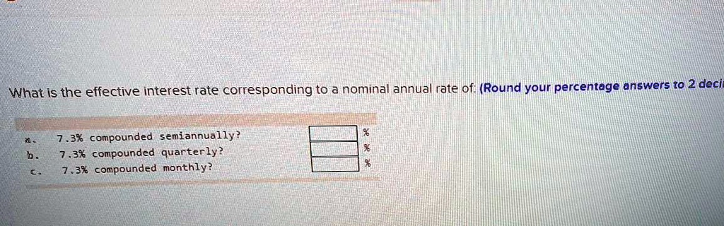 What is the effective interest rate corresponding to a nominal annual rate of: (Round your percentage answers to 2 deci

a. 7.3% compounded semiannually? %
b. 7.3% compounded quarterly? %
c. 7.3% compounded monthly? %