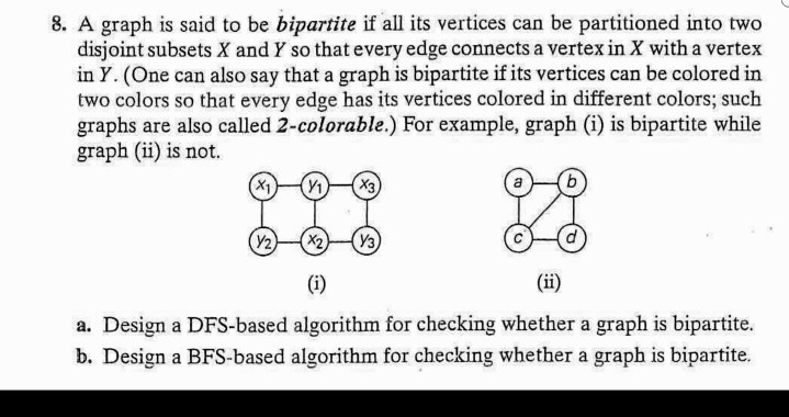Write an algorithm kindly. 8. A graph is said to be bipartite if all ...