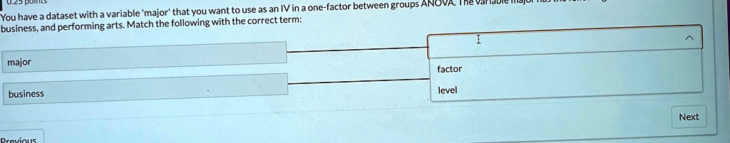 You have a dataset with a variable 'major' that you want to use as an IV in a one-factor between groups ANOVA. The variable major has the following three levels: business, and performing arts. Match the following with the correct term:
major
business