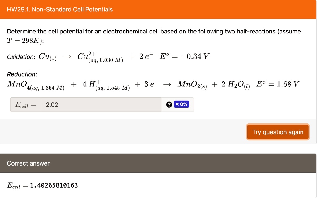 Solved Hw291 Non Standard Cell Potentials Determine The Cell Potential For An Electrochemical 8612