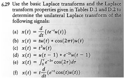 6.29 Use the basic Laplace transforms and the Laplace transform properties given in Tables D.1 and D.2 to determine the unilateral Laplace transform of the following signals:
(a) x(t) = d/dt te^-t u(t)
(b) x(t) = tu(t) * cos(2?t)u(t)
(c) x(t) = t^3 u(t)
(d) x(t) = u(t - 1) * e^-2t u(t - 1)
(e) x(t) = ?[0 to t] e^-3? cos(2?) d?
(f) x(t) = t d/dt (e^-t cos(t) u(t))