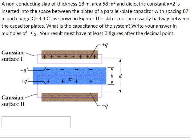 A non-conducting slab of thickness 18 m, area 58 m² and dielectric constant ?=2 is inserted into the space between the plates of a parallel-plate capacitor with spacing 87 m and charge Q=4.4 C as shown in Figure. The slab is not necessarily halfway between the capacitor plates. What is the capacitance of the system? Write your answer in multiples of ?? . Your result must have at least 2 figures after the decimal point.