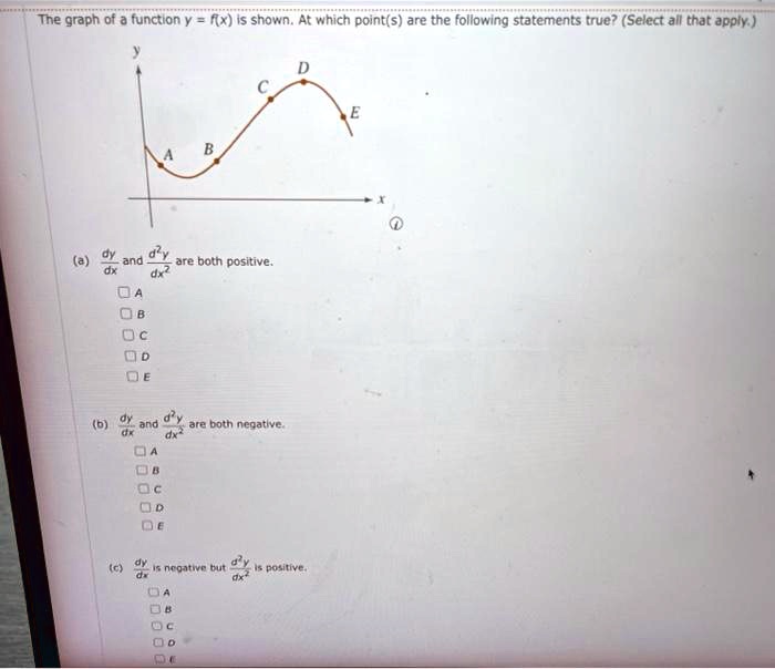 The graph of a function y = f(x) is shown. At which point(s) are the following statements true? (Select all that apply.)
(a) dy/dx and d^2y/dx^2 are both positive.
A
B
C
D
E
(b) dy/dx and d^2y/dx^2 are both negative.
A
B
C
D
E
(c) dy/dx is negative but d^2y/dx^2 is positive.
A
B
C
D
E