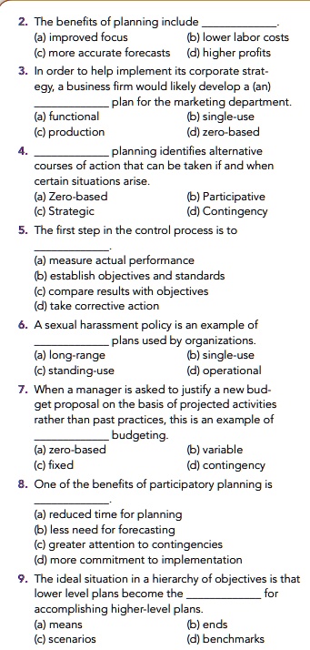 SOLVED: 2. The Benefits Of Planning Include (a) Improved Focus, (b ...