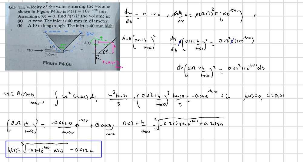 465 the velocity of the water entering the volume shown in figure p465 is vt 10e t10 ms assuming h0 0 find ht if the volume is a a cone the inlet is 40 mm in diameter b a 10 m long trough th 83298