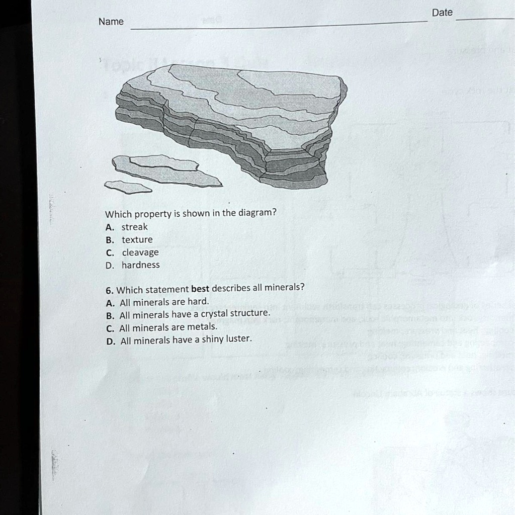 Name
Date
Which property is shown in the diagram?
A. streak
B. texture
C. cleavage
D. hardness
6. Which statement best describes all minerals?
A. All minerals are hard.
B. All minerals have a crystal structure.
C. All minerals are metals.
D. All minerals have a shiny luster.