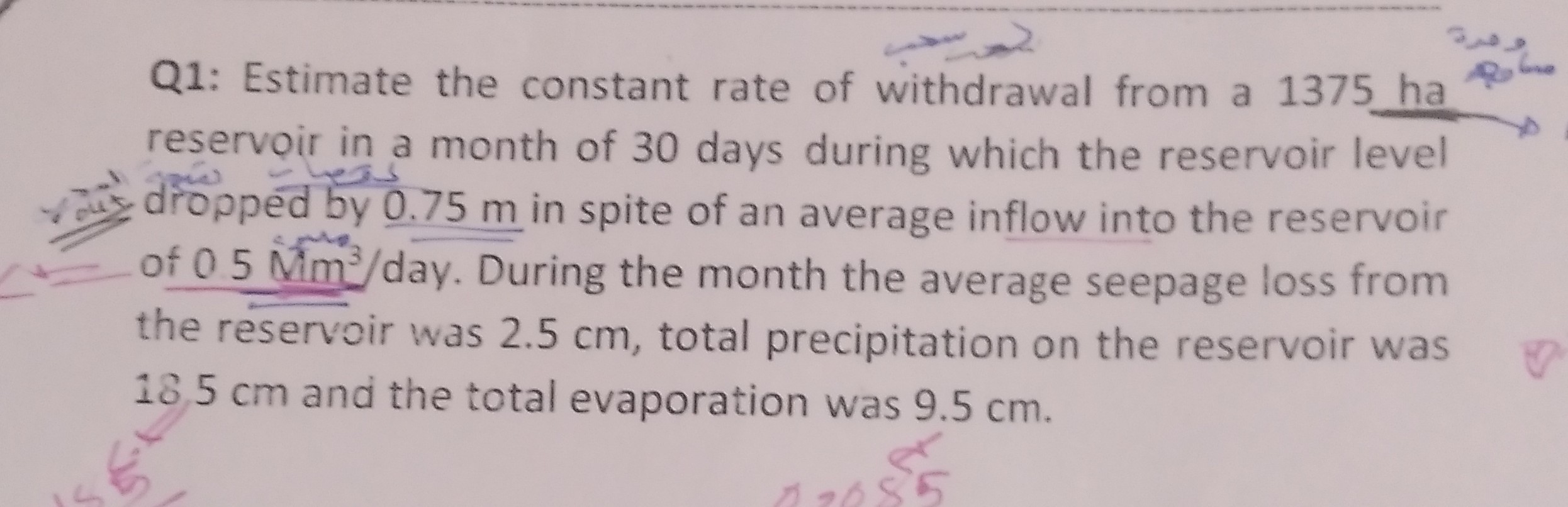 Q1: Estimate the constant rate of withdrawal from a 1375 ha reservoir ...