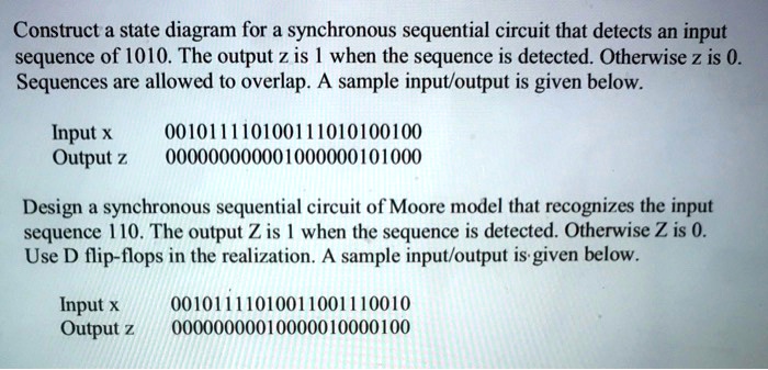 Construct a state diagram for a synchronous sequential circuit that detects an input
sequence of 1010. The output z is 1 when the sequence is detected. Otherwise z is 0.
Sequences are allowed to overlap. A sample input/output is given below.
Input x
Output z
001011110100111010100100
000000000001000000101000
Design a synchronous sequential circuit of Moore model that recognizes the input
sequence 110. The output Z is 1 when the sequence is detected. Otherwise Z is 0.
Use D flip-flops in the realization. A sample input/output is given below.
Input x
Output z
00101111010011001110010
00000000010000010000100