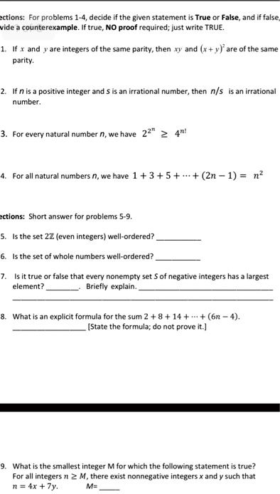 Solved Ctions For Problems Decide Ifthe Encn 4atement True False And If False Vide Counterexample If True No Prool Required Just Write True Integers Of The Same Parity Then S Y Of The