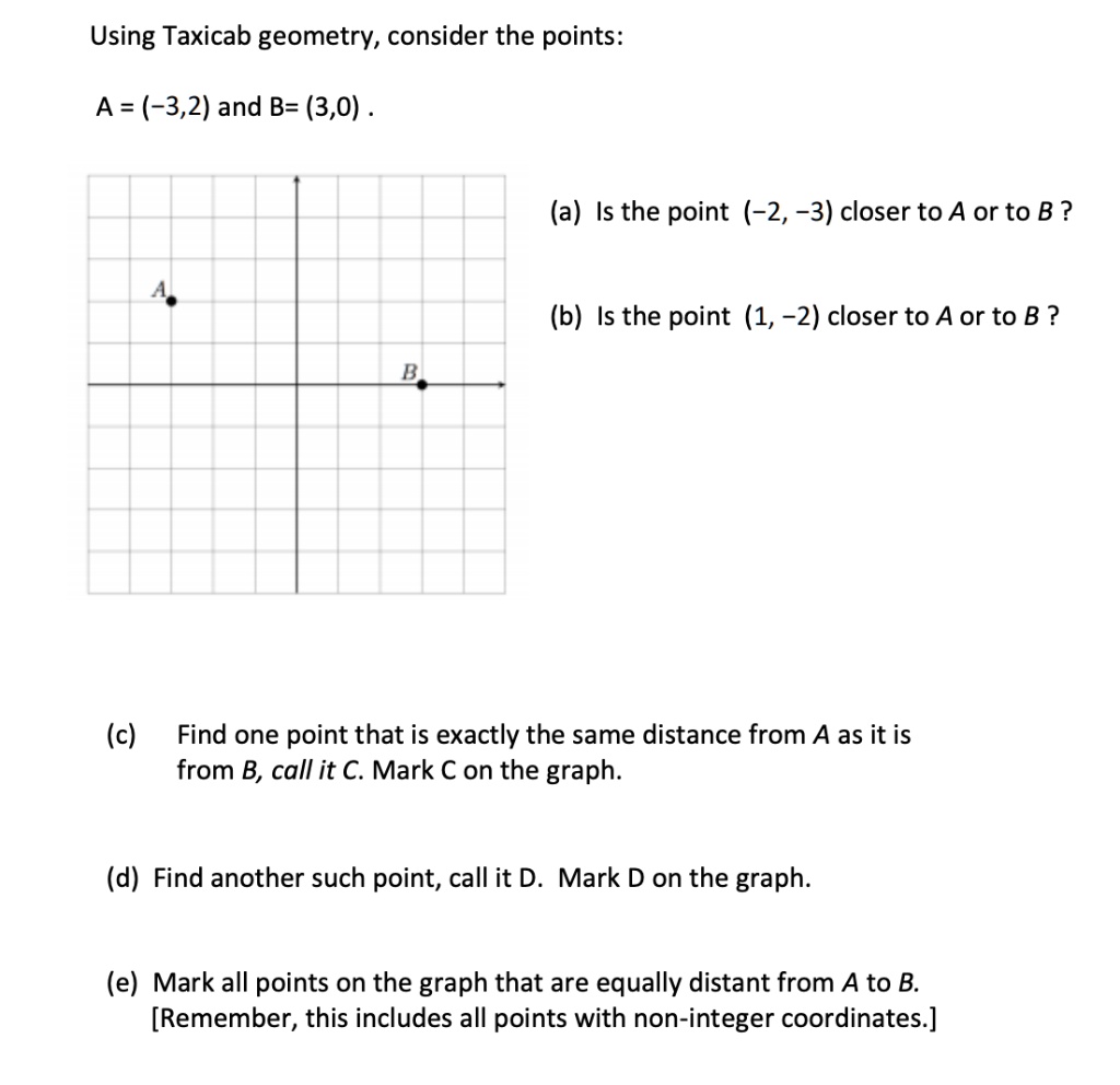 Using Taxicab geometry, consider the points:
A = (-3,2) and B= (3,0).
(a) Is the point (-2, -3) closer to A or to B?
(b) Is the point (1, -2) closer to A or to B?
(c) Find one point that is exactly the same distance from A as it is
from B, call it C. Mark C on the graph.
(d) Find another such point, call it D. Mark D on the graph.
(e) Mark all points on the graph that are equally distant from A to B.
[Remember, this includes all points with non-integer coordinates.]