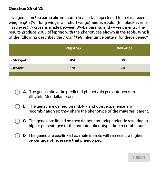 Question 25 of 25 two genes on the same chromosome in a...