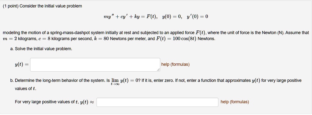 point consider the initial value problem my cy ky ft y0 0 y 0 0 modeling the motion of spring mass dashpot system initially at rest and subjected to an applied force ft where the unit of for 22012