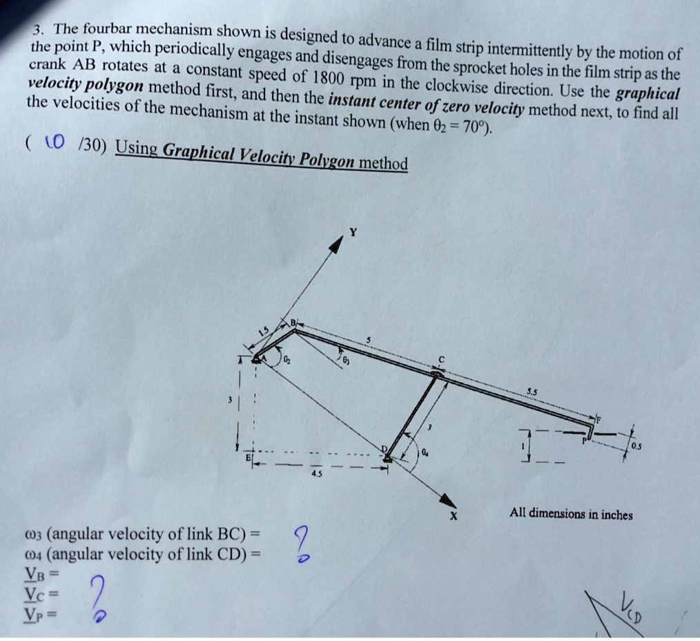 Crank AB rotates at a constant speed of 1800 rpm in the clockwise direction. Use the graphical