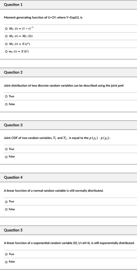 Solved Question Moment Generating Function Of U 2y Where Y Exp 1 Is Mu 1 0 Mu My Mu E E Niu E U Question 2 Joint Distribution Of Two Discrete Random
