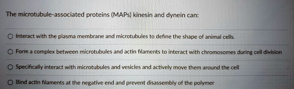 The microtubule-associated proteins (MAPs) kinesin and dynein can:
Interact with the plasma membrane and microtubules to define the shape of animal cells.
Form a complex between microtubules and actin filaments to interact with chromosomes during cell division
Specifically interact with microtubules and vesicles and actively move them around the cell
Bind actin filaments at the negative end and prevent disassembly of the polymer