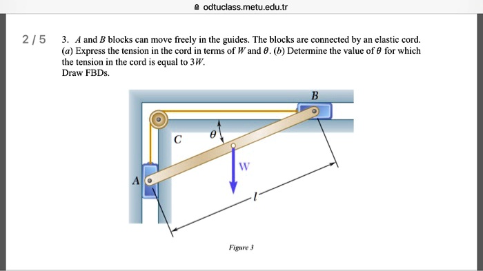 2/5
odtuclass.metu.edu.tr
3. A and B blocks can move freely in the guides. The blocks are connected by an elastic cord.
(a) Express the tension in the cord in terms of W and θ. (b) Determine the value of θ for which
the tension in the cord is equal to 3W.
Draw FBDs.
A
θ
C
W
Figure 3
B